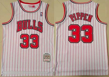 Men's Chicago Bulls #33 Scottie Pippen White Stripes 1995 Throwback Swingman Jersey