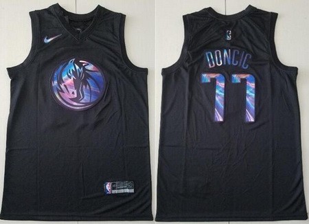 Men's Dallas Mavericks #77 Luka Doncic Black Iridescent Holographic Icon Swingman Jersey