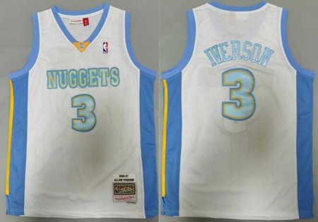 Men's Denver Nuggets #3 Allen Iverson White 2006 Throwback Swingman Jersey