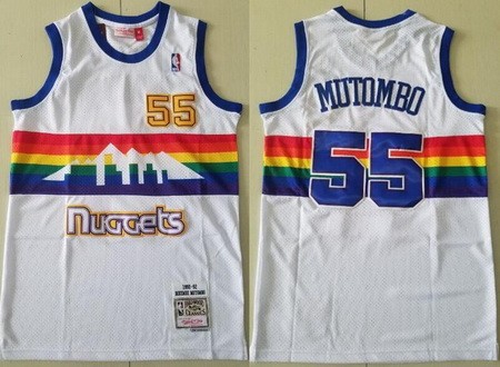 Men's Denver Nuggets #55 Dikembe Mutombo White 1991 Throwback Swingman Jersey