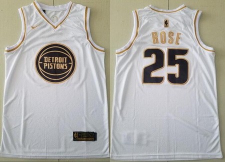 Men's Detroit Pistons #25 Derrick Rose White Gold Icon Swingman Jersey