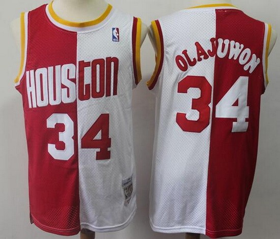 Men's Houston Rockets #34 Hakeem Olajuwon Red White Split 1993 Throwback Swingman Jersey