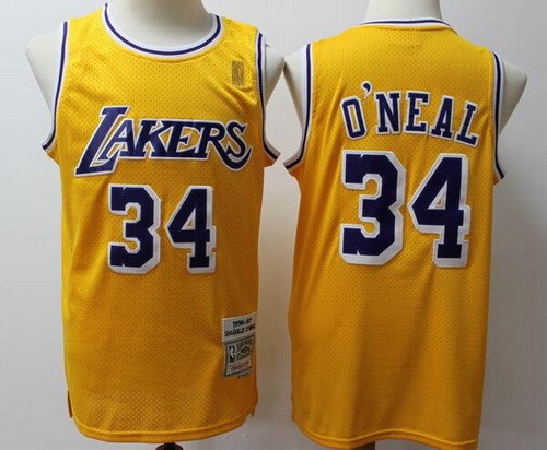 Men's Los Angeles Lakers #34 Shaquille O'Neal Yellow 1996 Throwback Swingman Jersey