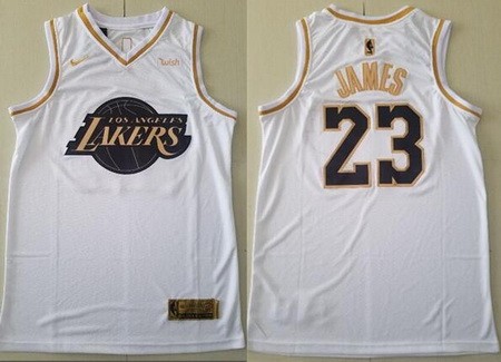 Men's Los Angeles Lakers #23 LeBron James White Gold Icon Sponsor Swingman Jersey