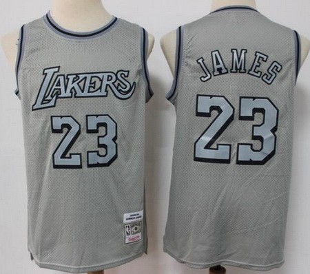 Men's Los Angeles Lakers #23 LeBron James Gray Throwback Swingman Jersey