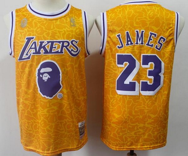 Men's Los Angeles Lakers #23 LeBron James Yellow Bape Swingman Jersey
