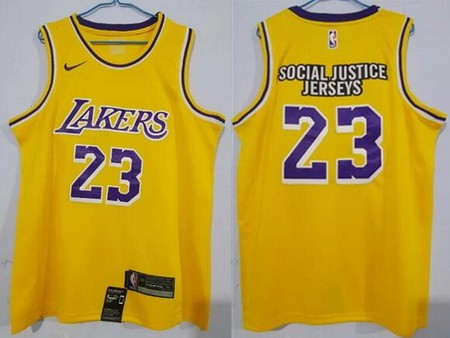 Men's Los Angeles Lakers #23 LeBron James Social Justice Yellow Icon Swingman Jersey
