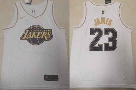 Men's Los Angeles Lakers #23 LeBron James White Gold Icon Swingman Jersey