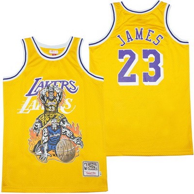 Men's Los Angeles Lakers #23 LeBron James Yellow Skull Offset Printing Jersey