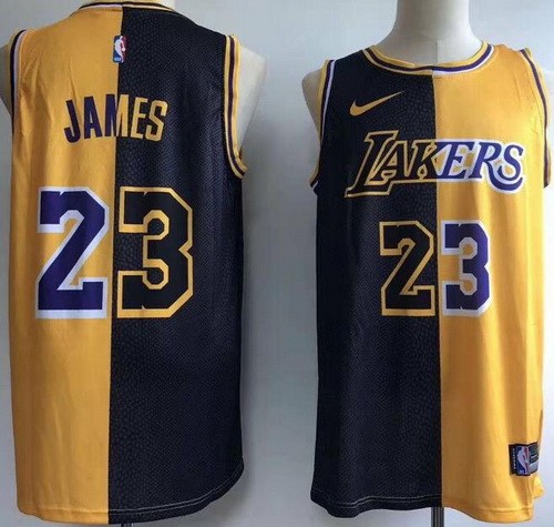 Men's Los Angeles Lakers #23 LeBron James Black Yellow Split Icon Swingman Jersey