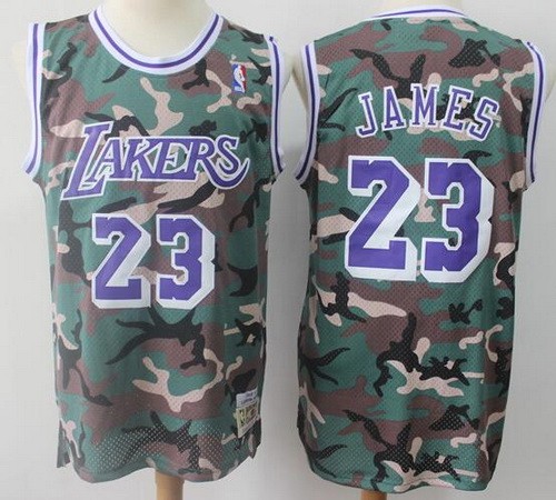 Men's Los Angeles Lakers #23 LeBron James Camo Purple 2018 Throwback Swingman Jersey