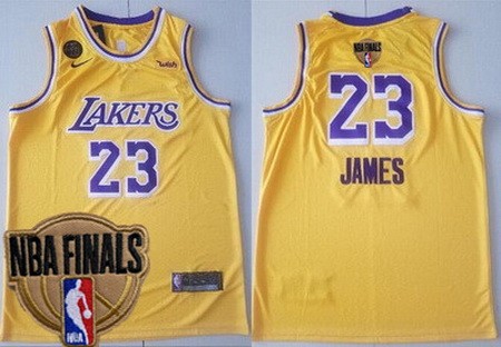 Men's Los Angeles Lakers #23 LeBron James Yellow KB Patch 2020 Finals Icon Sponsor Swingman Jersey