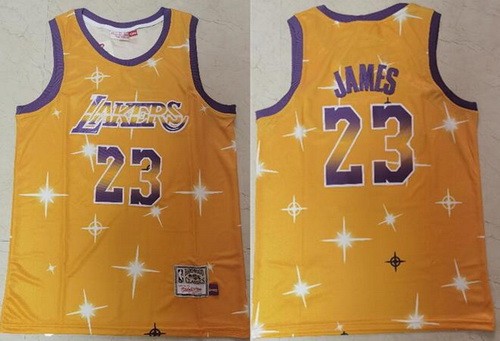 Men's Los Angeles Lakers #23 LeBron James Yellow Starry Sky Hollywood Classic Swingman Jersey