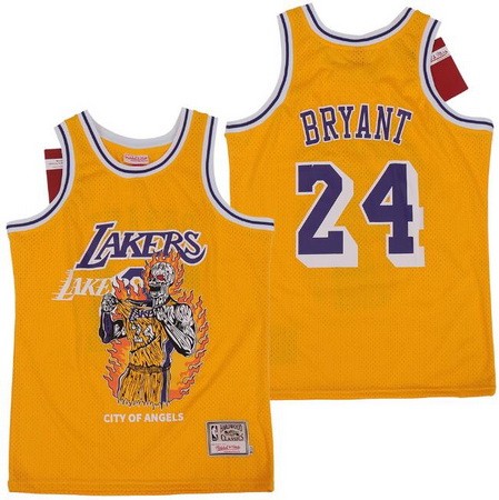 Men's Los Angeles Lakers #24 Kobe Bryant Yellow Skull Hollywood Classic Offset Printing Jersey