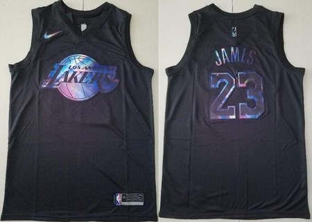 Men's Los Angeles Lakers #23 LeBron James Black Iridescent Holographic Icon Swingman Jersey
