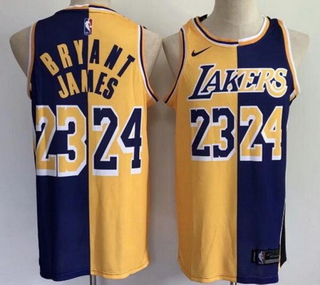 Men's Los Angeles Lakers #23#24 LeBron James Kobe Bryant Yellow Purle Icon Swingman Jersey
