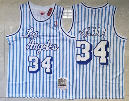 Men's Los Angeles Lakers #34 Shaquille O'Neal Blue White Stripes 1996 Swingman Jersey