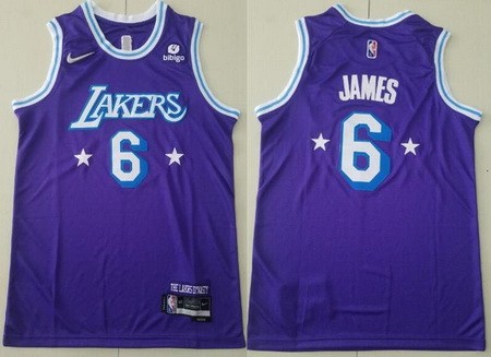Men's Los Angeles Lakers #6 LeBron James Purple City Diamond 75th Icon Sponsor Swingman Jersey