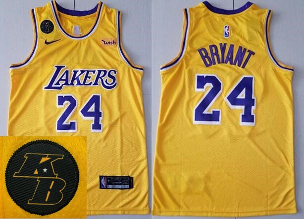 Men's Los Angeles Lakers #24 Kobe Bryant Yellow KB Patch Icon Sponsor Swingman Jersey