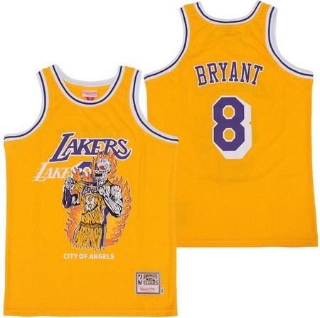 Men's Los Angeles Lakers #8 Kobe Bryant Yellow Skull Hollywood Classic Offset Printing Jersey