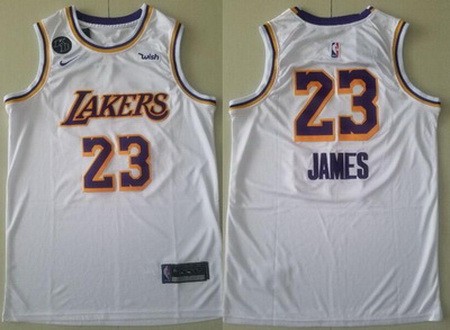 Men's Los Angeles Lakers #23 LeBron James White KB Patch 2020 Icon Sponsor Swingman Jersey