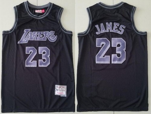 Men's Los Angeles Lakers #23 LeBron James Black Puprle Hardwood Classics Throwback Swingman Jersey