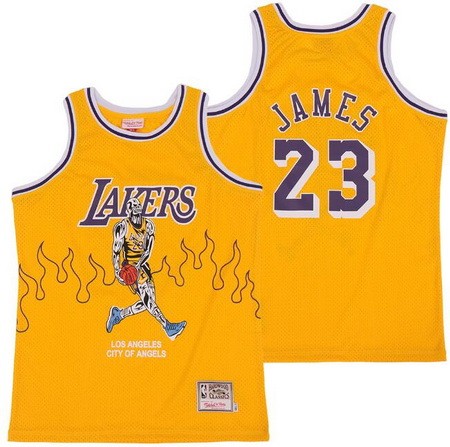 Men's Los Angeles Lakers #23 LeBron James Yellow Skull Hollywood Classic Offset Printing Jersey