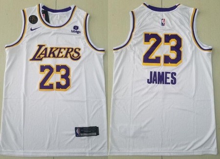 Men's Los Angeles Lakers #23 LeBron James White KB Patch 2021 Icon Sponsor Swingman Jersey