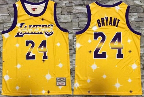 Men's Los Angeles Lakers #24 Kobe Bryant Yellow Starry Sky Hollywood Classic Printed Jersey