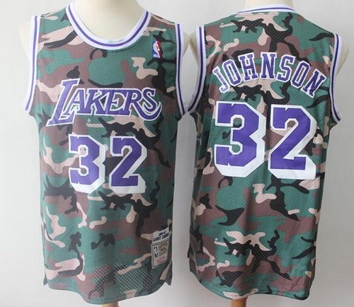 Men's Los Angeles Lakers #32 Magic Johnson Camo Purple 1991 Throwback Swingman Jersey