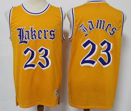 Men's Los Angeles Lakers #23 LeBron James Yellow Old English Faded Throwback Swingman Jersey