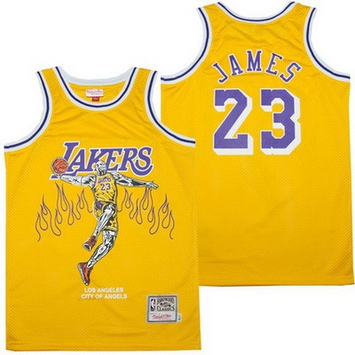 Men's Los Angeles Lakers #23 LeBron James Yellow Skull City of Angels Offset Printing Jersey