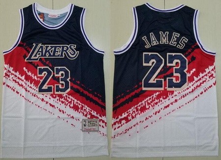 Men's Los Angeles Lakers #23 LeBron James Black Red White Independence Day Swingman Jersey
