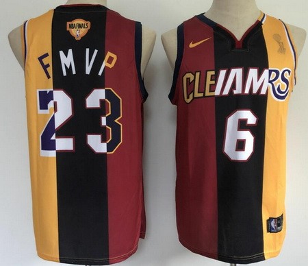 Men's Los Angeles Lakers #6#23 LeBron James Yellow Black Red FMVP Finals Champions Swingman Jersey