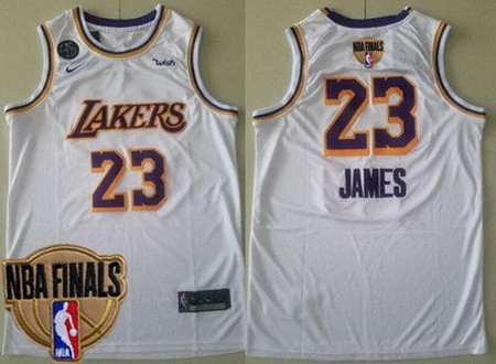 Men's Los Angeles Lakers #23 LeBron James White KB Patch 2020 Finals Icon Sponsor Swingman Jersey