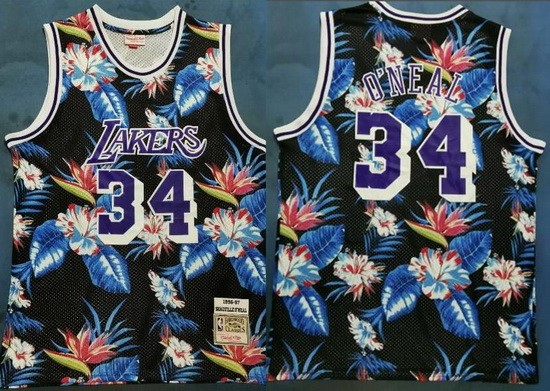 Men's Los Angeles Lakers #34 Shaquille O'Neal Floral Fashion Throwback Swingman Jersey
