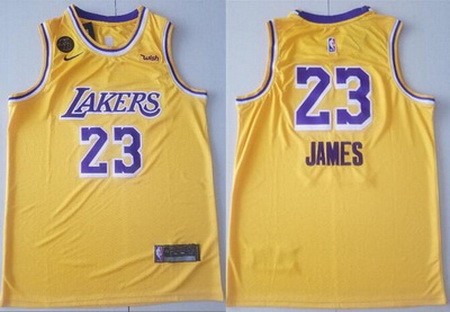 Men's Los Angeles Lakers #23 LeBron James Yellow KB Patch 2020 Icon Sponsor Swingman Jersey