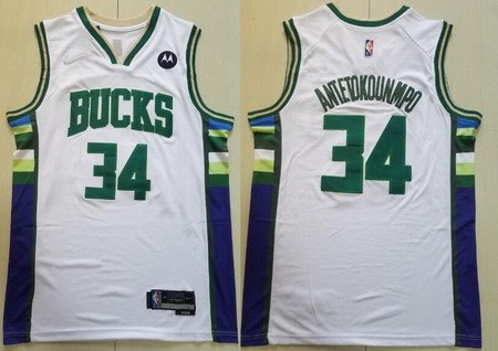 Men's Milwaukee Bucks #34 Giannis Antetokounmpo White City Diamond 75th Icon Sponsor Swingman Jersey