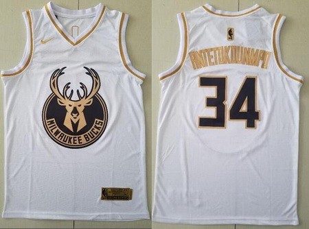Men's Milwaukee Bucks #34 Giannis Antetokounmpo White Gold Icon Swingman Jersey