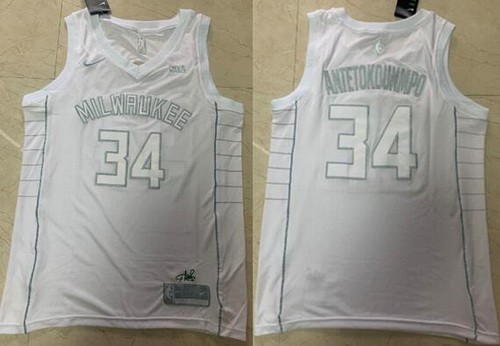 Men's Milwaukee Bucks #34 Giannis Antetokounmpo White Platinum MVP Swingman Jersey