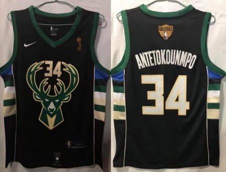 Men's Milwaukee Bucks #34 Giannis Antetokounmpo Black 2021 Finals Champions Swingman Jersey