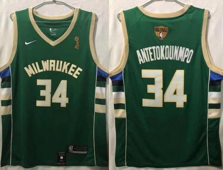Men's Milwaukee Bucks #34 Giannis Antetokounmpo Green 2021 Finals Champions Swingman Jersey