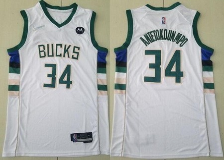 Men's Milwaukee Bucks #34 Giannis Antetokounmpo White Diamond 75th Icon Sponsor Swingman Jersey