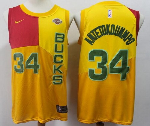 Men's Milwaukee Bucks #34 Giannis Antetokounmpo Yellow City Icon Sponsor Swingman Jersey