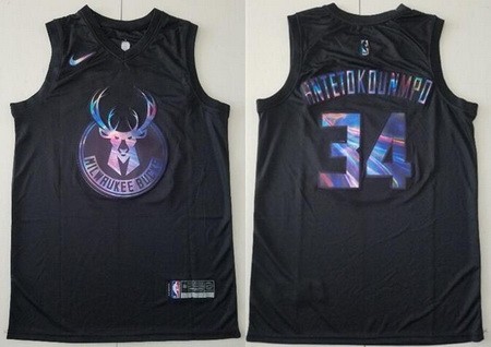 Men's Milwaukee Bucks #34 Giannis Antetokounmpo Black Iridescent Holographic Icon Swingman Jersey