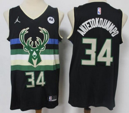 Men's Milwaukee Bucks #34 Giannis Antetokounmpo Black 2021 Statement Icon Sponsor Swingman Jersey
