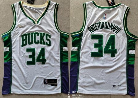 Men's Milwaukee Bucks #34 Giannis Antetokounmpo White City Diamond 75th Icon Swingman Jersey