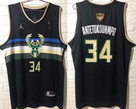 Men's Milwaukee Bucks #34 Giannis Antetokounmpo Black Statement 2021 Finals Champions Swingman Jersey