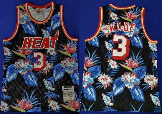 Men's Miami Heat #3 Dwyane Wade Floral Fashion Throwback Swingman Jersey