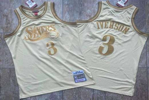 Men's 76ers 3 Allen Iverson Cream 2000-01 Hardwood Classics Jersey